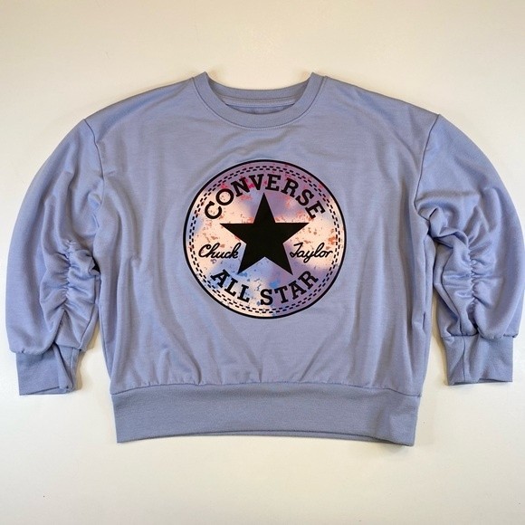 Converse Chuck Taylor Patch Ruched Graphic Sweatshirt Girls Small Blue Graphic - Picture 2 of 5